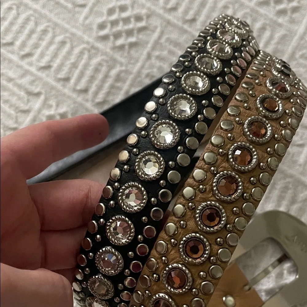2 Kippys Leather Swarovski Cowgirl Black Brown Crystal Studded Belts 30 small